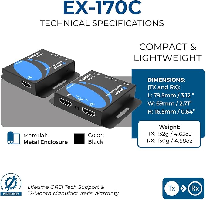 OREI 4K HDMI over Ethernet Extender Over CAT5/CAT6/CAT7,