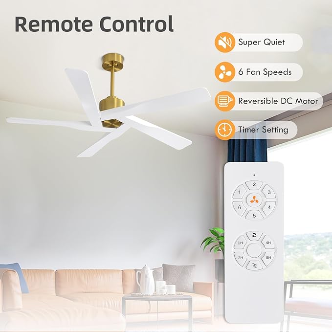 WINGBO 54" ABS DC Ceiling Fan No Light, 5 Blade ABS Plastic Ceiling Fan