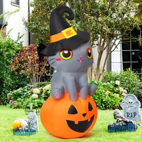 GOOSH 6 FT Halloween Inflatables Cat Outdoor Decorations Blow Up Yard Cute Wizard Cat Sitting Pumpkin with Built-in LEDs for Garden Lawn Indoor Party Decor