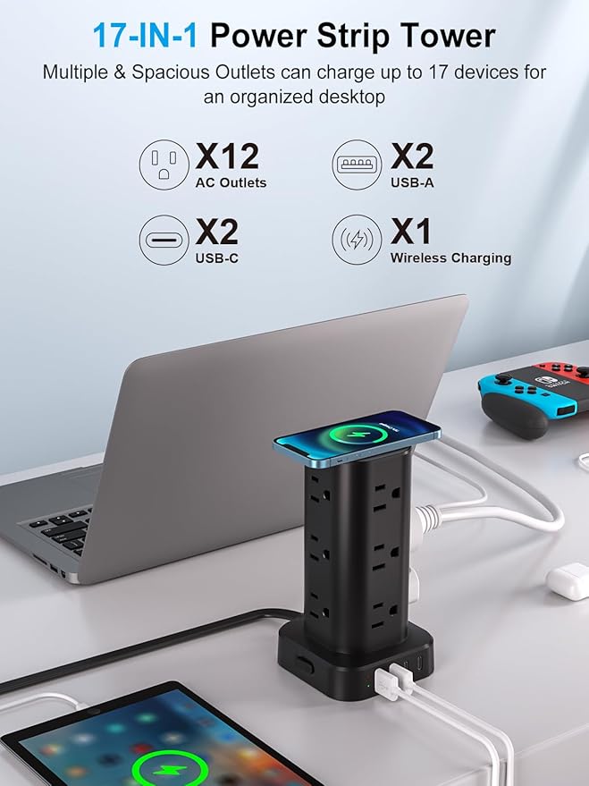 Power Strip with Wireless Charger, Flat Plug Surge Protector with 6FT Extension