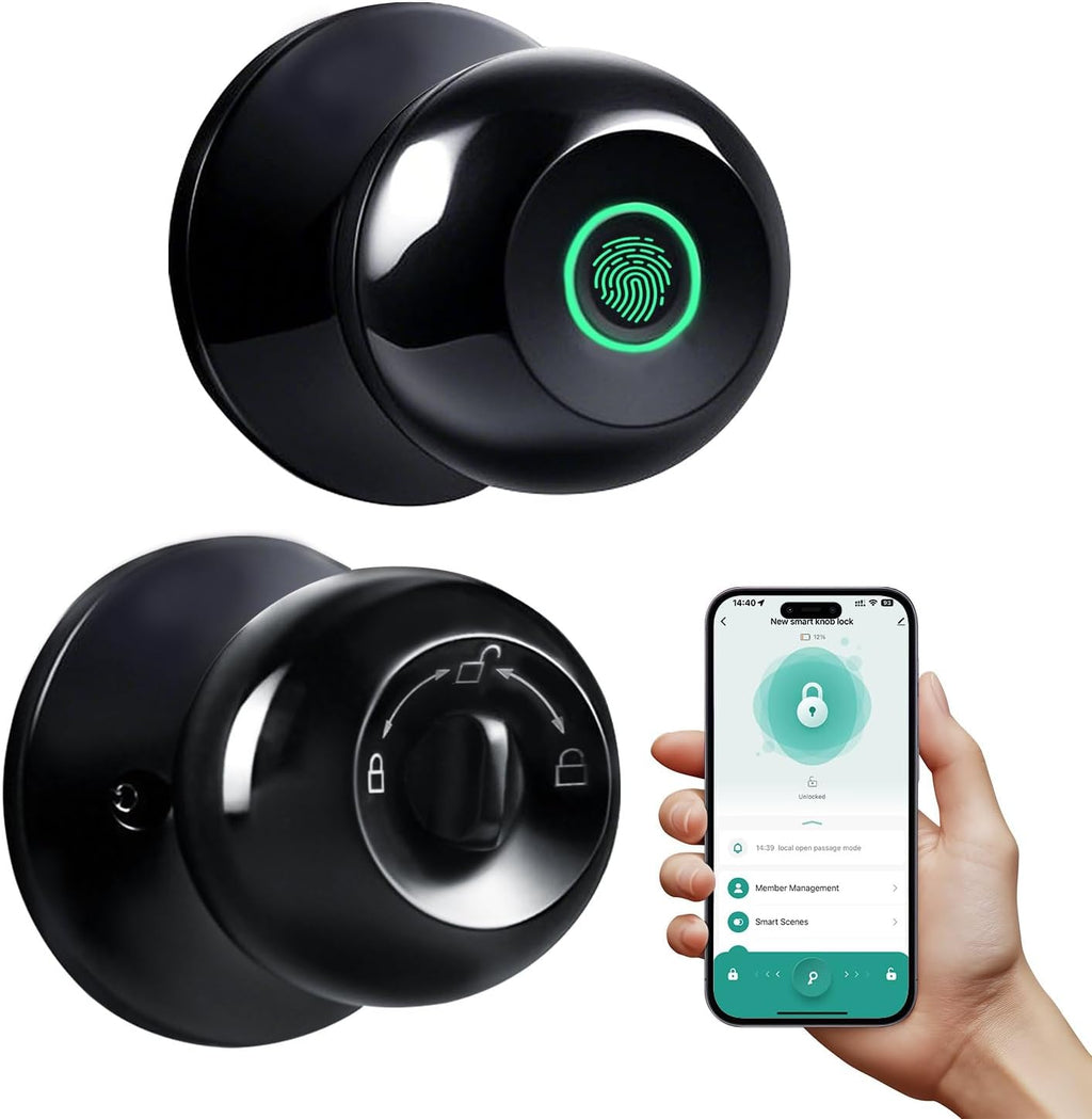 Smart Fingerprint Door Lock with App Control & Key, Double-Tap Auto-Lock, Biometric Door Knob for Bedroom, Apartment, Office, Hotel, Garage - Black