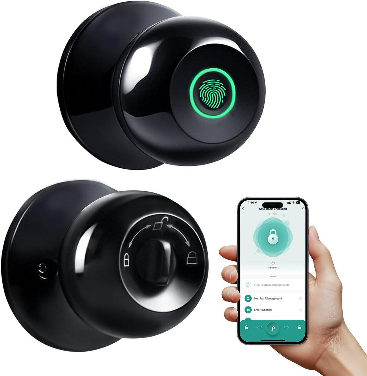 Smart Fingerprint Door Lock with App Control & Key, Double-Tap Auto-Lock, Biometric Door Knob for Bedroom, Apartment, Office, Hotel, Garage - Black