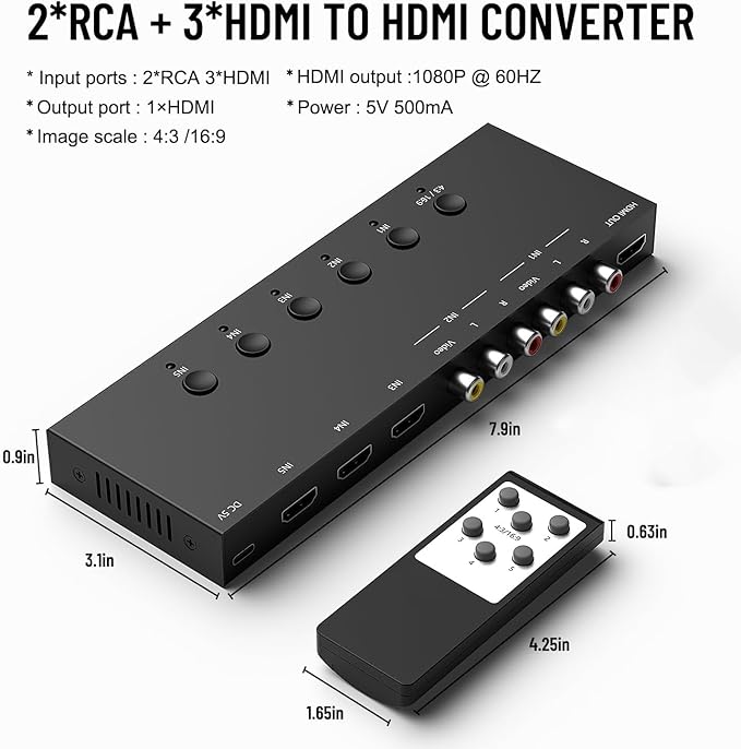 Azduou 2 AV Inputs + 3 HDMI 2.0 Inputs to HDMI Converter
