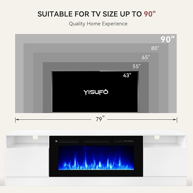 YISUFO 80” TV Stand with 36” Electric Fireplace, Large Modern Media