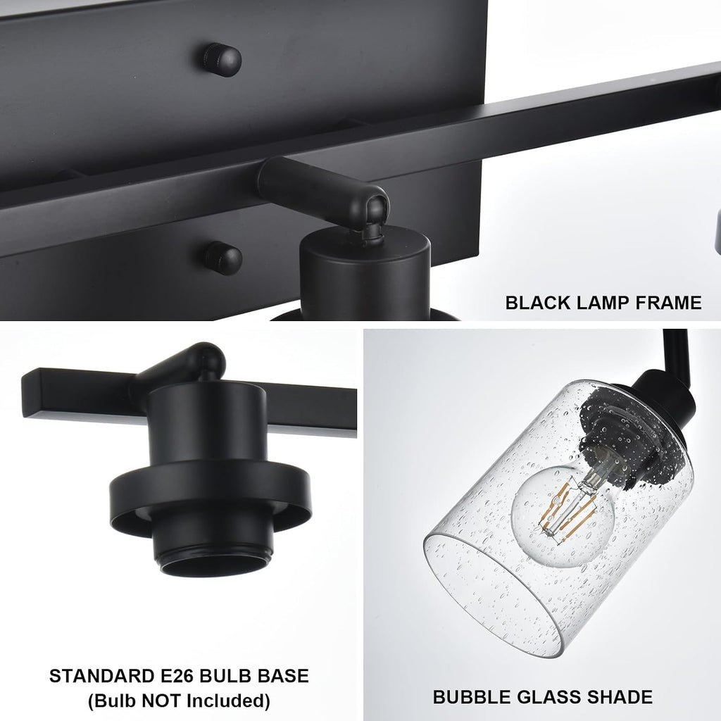 3-Light Black Track Lighting Kit Ceiling Mount Kitchen Track Lighting Fixtures, Bathroom Ceiling Tracking Vanity Light with Bubble Seeded Glass Shade & Rotatable Tracking Heads for Accent Shop