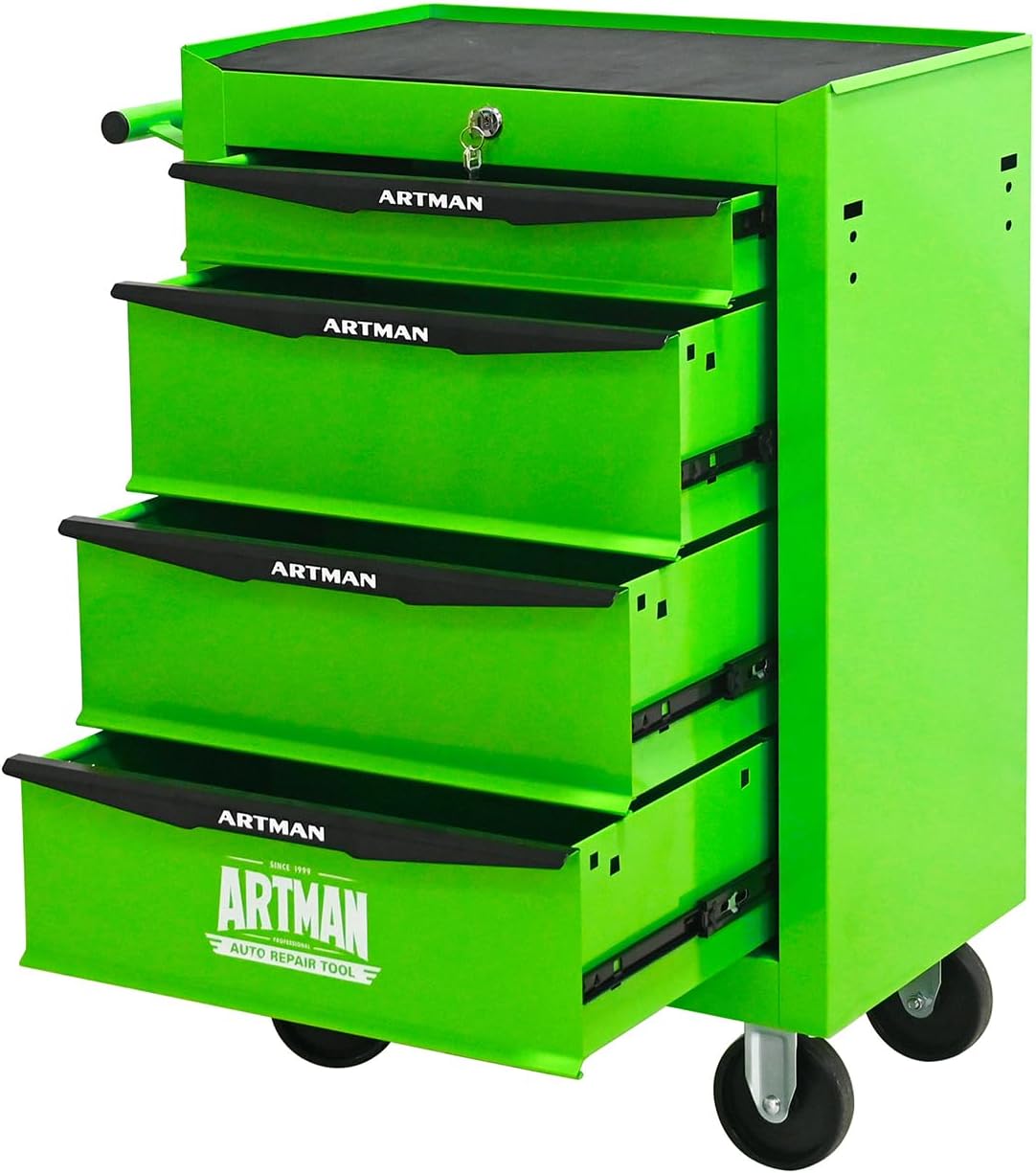 4-Drawer Rolling Tool Chest - Heavy Duty Tool Storage Cabinet with Lockable Wheels & Drawer Liners, Tool Cart with Key Lock,Tool Organizer Box for Garage, Warehouse & Repair Shop (Green)