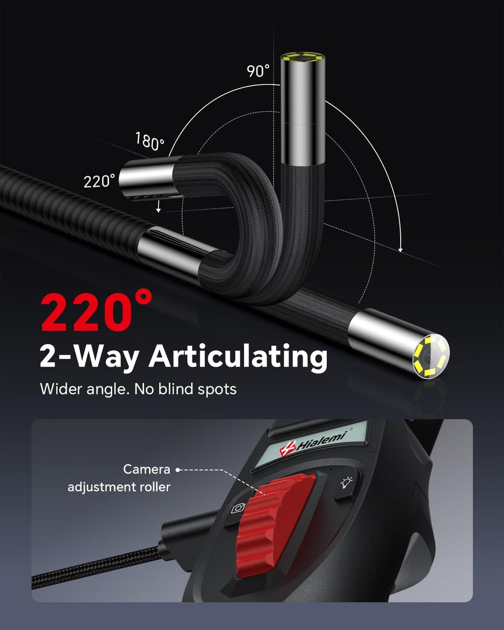 2-way articulating borescope, phone endoscope camera with light shown in use