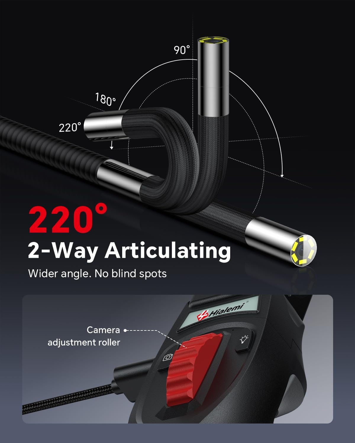 2-way articulating borescope, phone endoscope camera with light shown in use