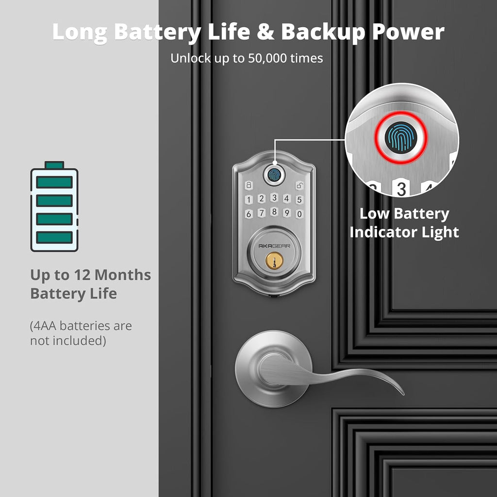 AkaGear Fingerprint Keyless Entry Door Lock with Lever Handle Set, Nickel