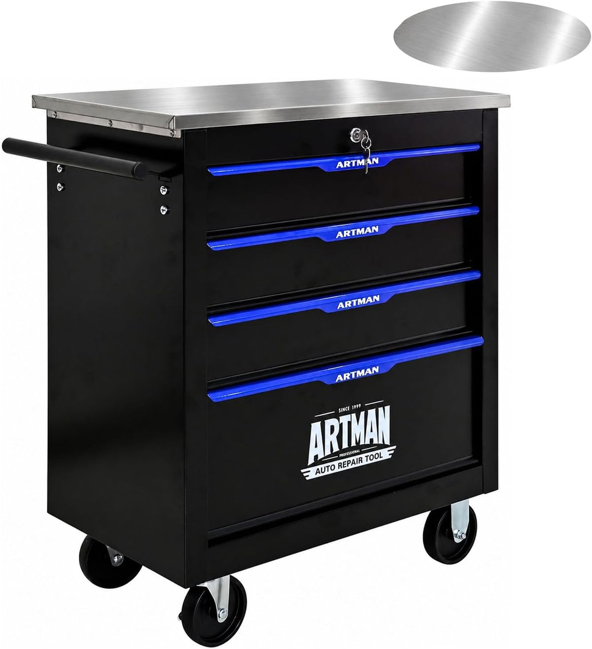 4-Drawer Rolling Tool Chest, Stainless Steel Countertop Mobile Tool Cabinet with Key Lock, 360° Swivel Wheels & Padded Feet, Portable Tool Storage Box for Home Garage Workshop, Black & Blue