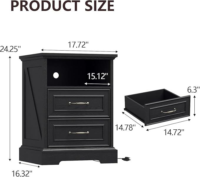 Nightstand with Charging Station Set of 2, Farmhouse Wood Small Dresser