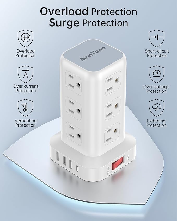 AnnTane Surge Protector Power Strip 10 FT Cord, Power Strip Tower