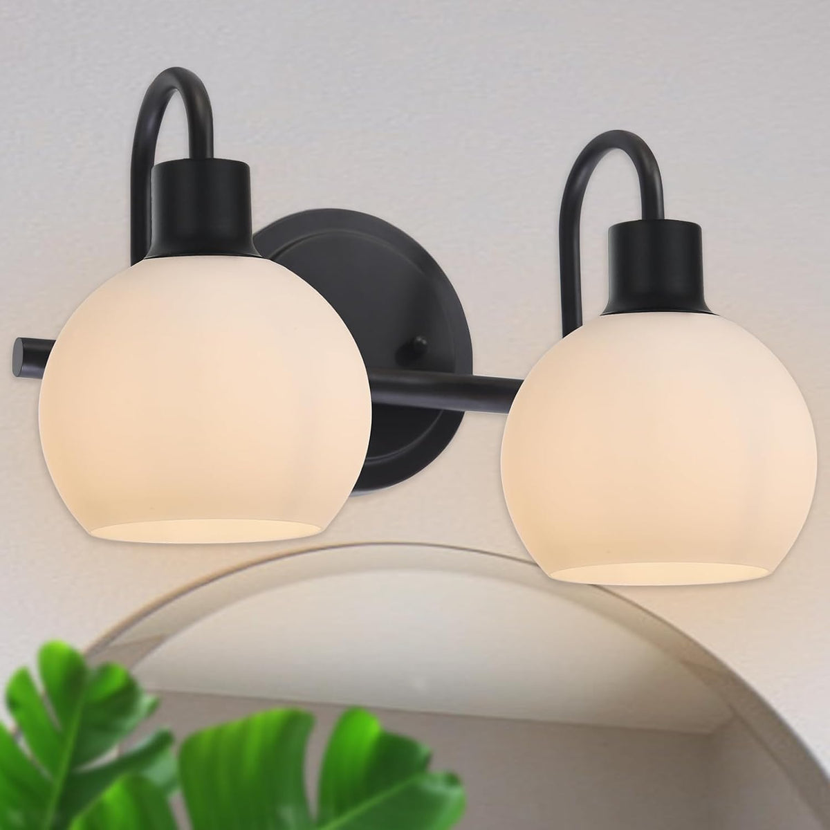 WINSHEN 2-Light Black Bathroom Light Fixture, Milk White Globe Wall Sconce Lamp
