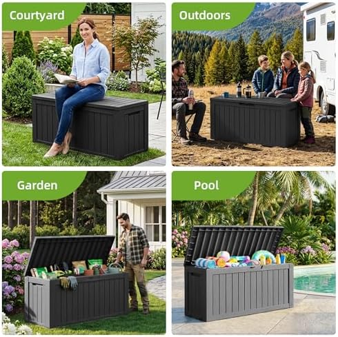 85 Gallon Outdoor Storage Deck Box Waterproof Resin Lockable Outside Bench Porch Patio Furniture Pool Float Garden Tool Cushion UV Resistant Bin Black
