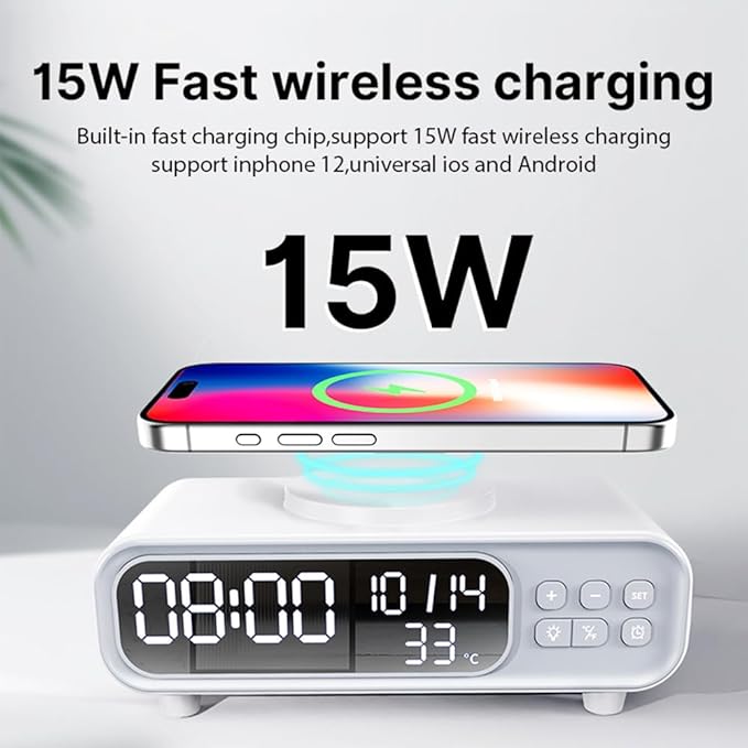 IHAO 5in1 Alarm Clock with Wireless Charging Night Light 15W Fast Charger