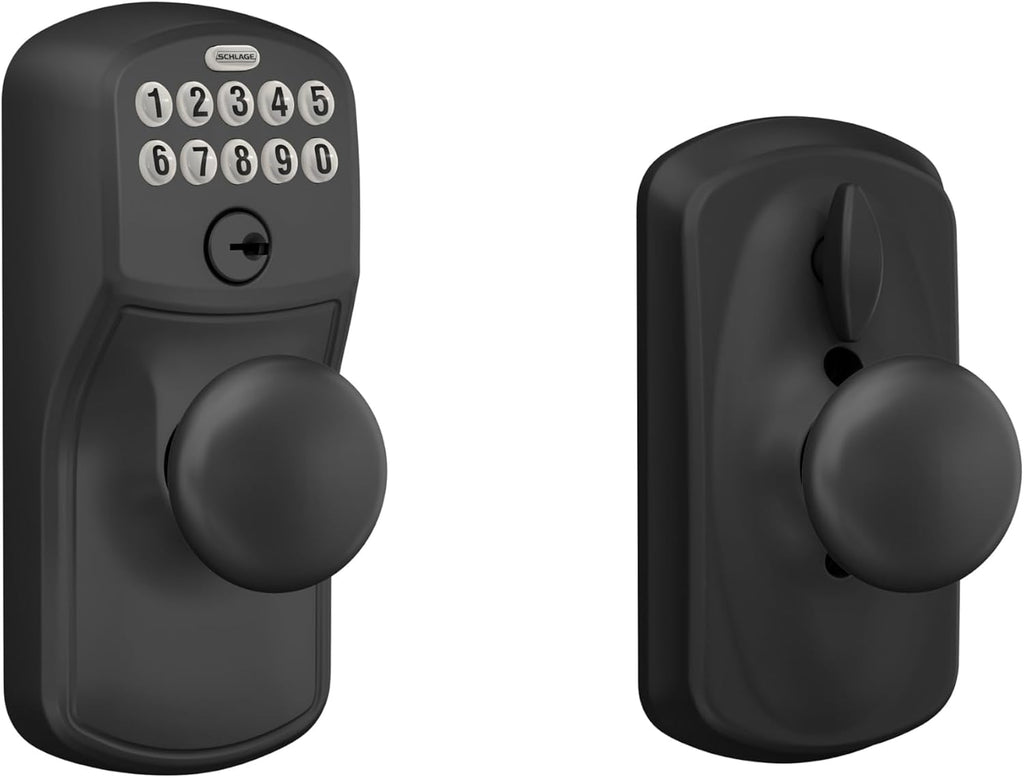 Schlage Electronic Keypad Lock, Lever Handle, Plymouth Trim, Matte Black