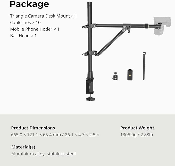 SMALLRIG Triangle Camera Desk Mount, Max. Load 3kg/ 6.6lbs, Overhead Mount
