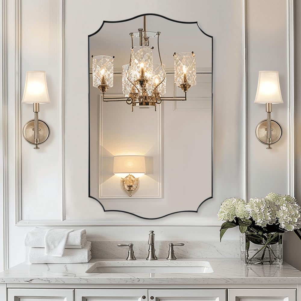 ANDY STAR Chrome Bathroom Mirror, 24x40 Inch Polished Silver Scalloped Mirror