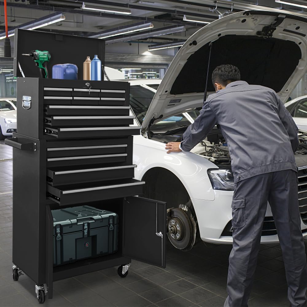 13-drawer tool chest with double door and wheels shown in use