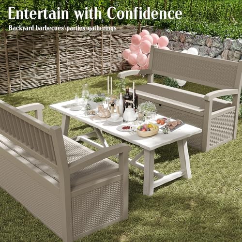 ROJIK 80 Gallon Storage Bench Deck Box Outdoor with Armrests, Resin Storage Furniture Waterproof Lockable for Porch Patio and Garden,Sturdy and Durable, Grey