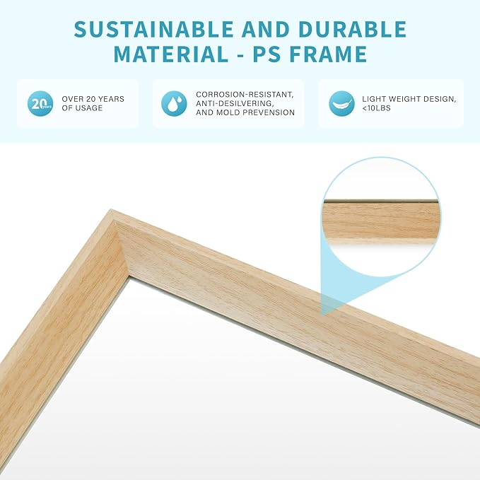 Oak Wood Effect Framed Wall Mirror, 30x48 Rectangle Mirror, Anti-desilvering