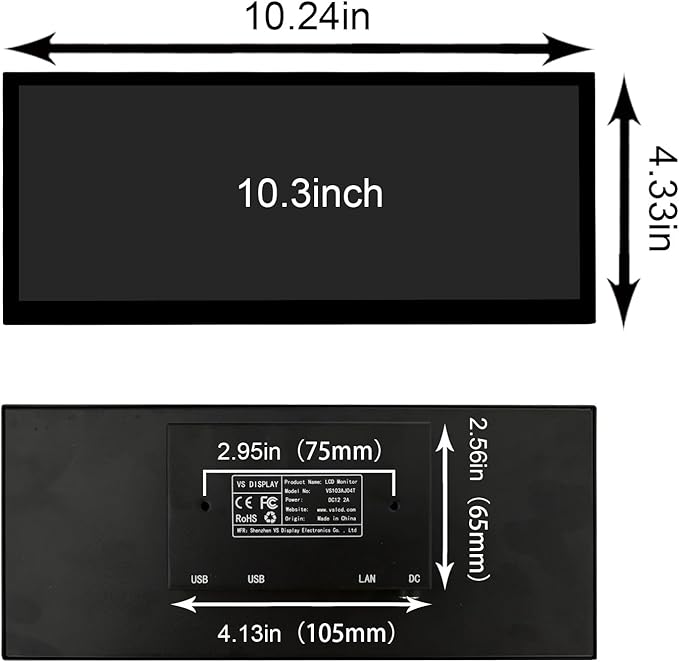 VSDISPLAY 10.3 Inch Touch LCD Monitor 1920x720 IPS Supports USB Flash Drive 2.0