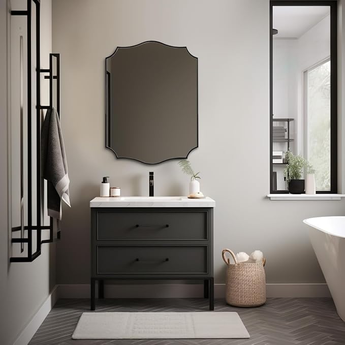 ANDY STAR Matte Black Bathroom Mirror, 24x32 Inch Scalloped Mirror