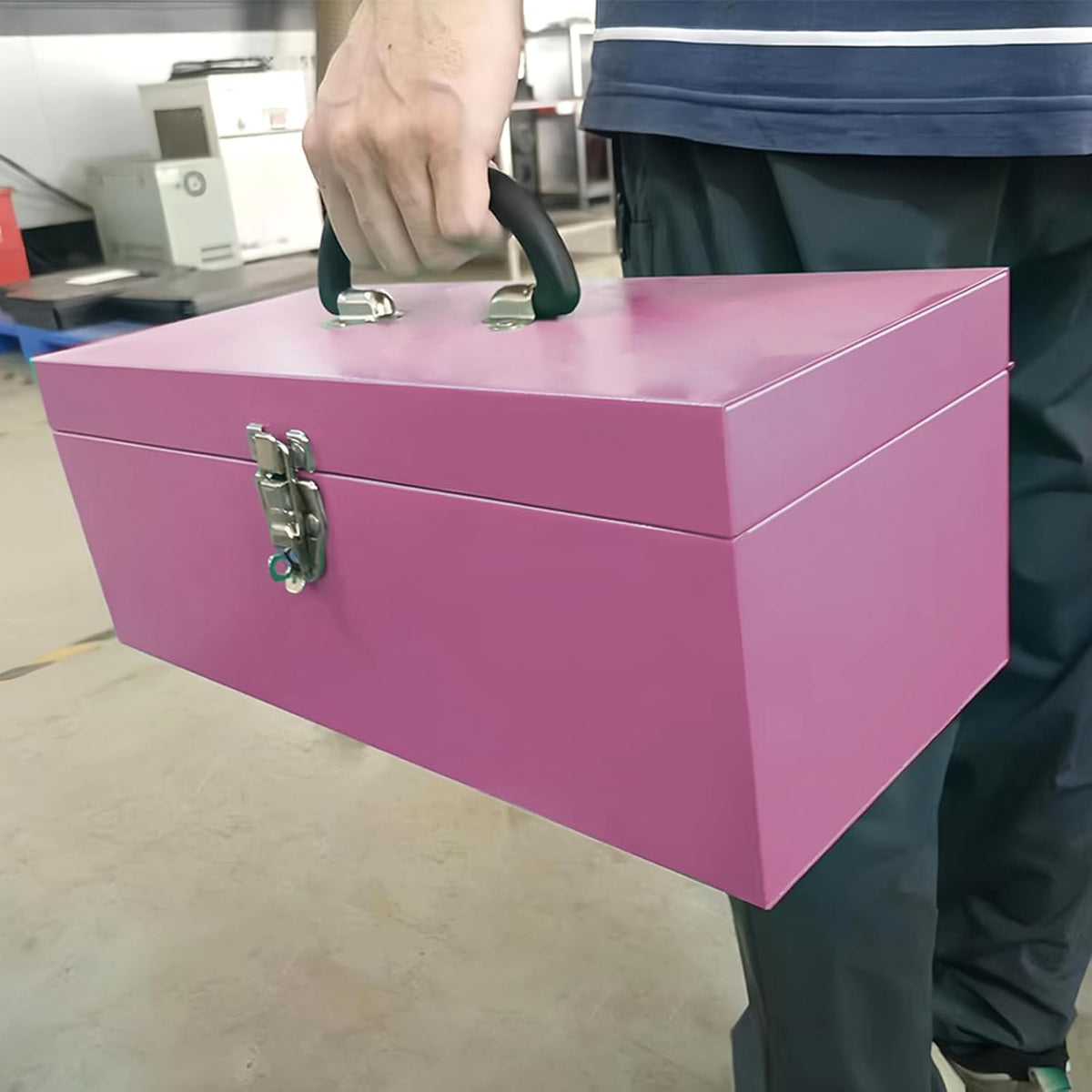 16" pink tool box 18-gauge pink tackle box showing dimensions