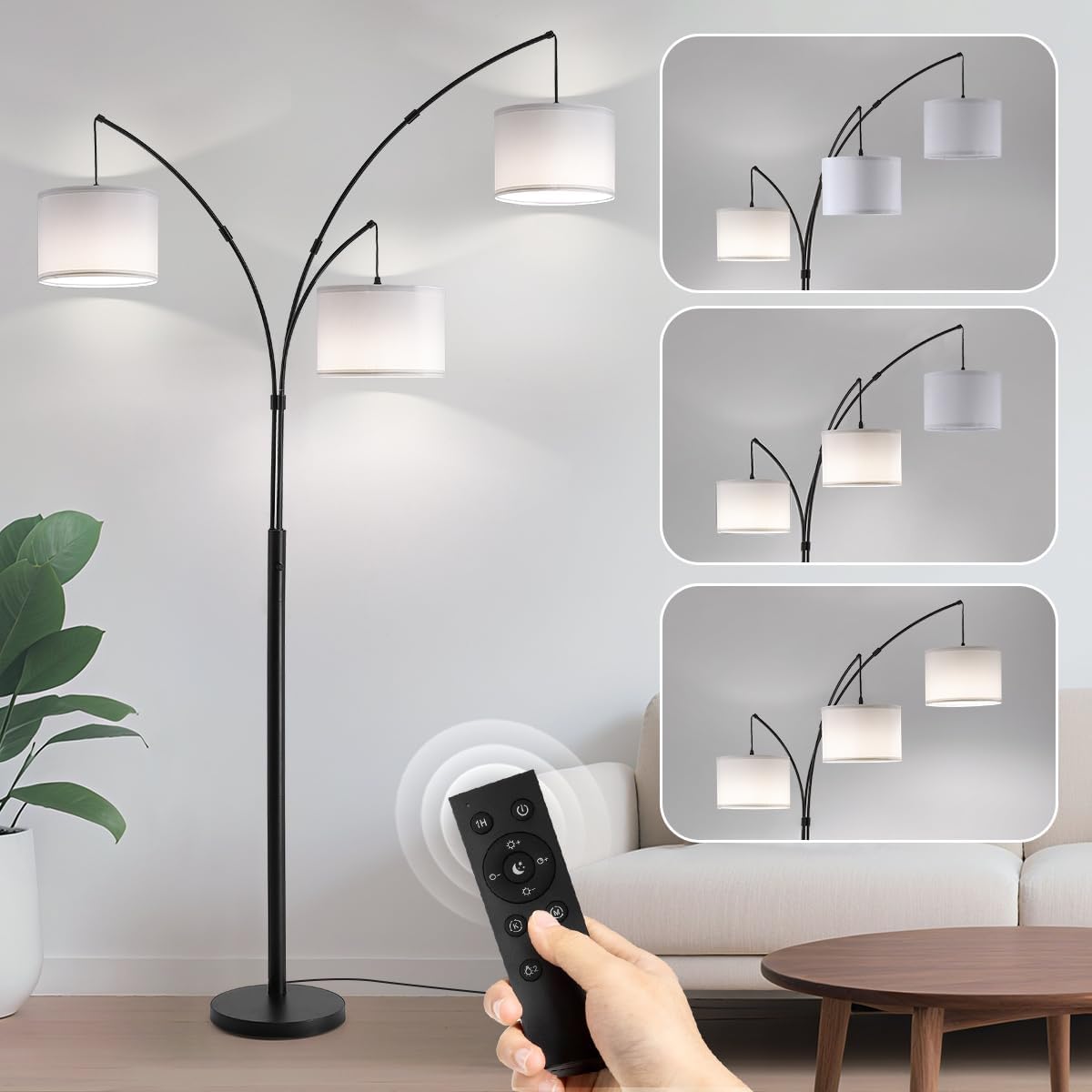Fansdrick Floor lamp with Remote, 3 Light Arc Floor Lamps