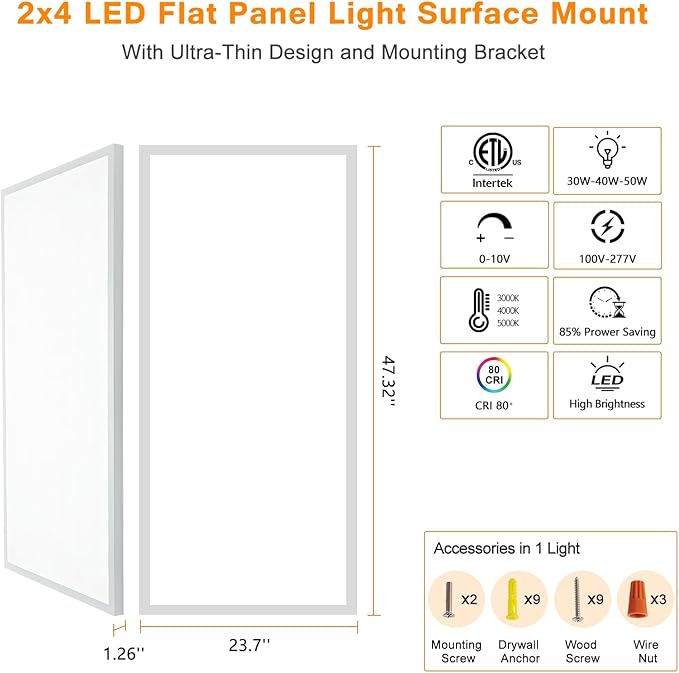 Mcacggo 2x4 FT LED Flat Panel Light Surface Mount 5000K-4000K-3000K Switchable (2 Pack)