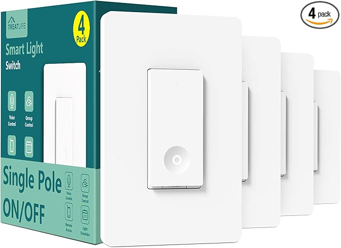 TREATLIFE Smart Switch 4 Pack, 2.4Ghz WiFi Light Switch Single-Pole, Neutral