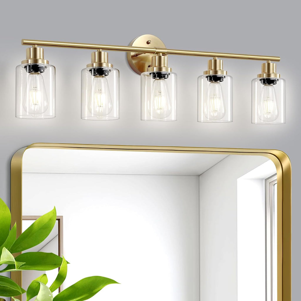 Guliaofo 5-Light Bathroom Vanity Lights, E26 Modern Brushed Gold Bathroom Light