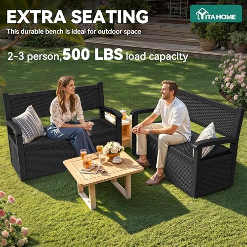 YITAHOME 80 Gallon Storage Bench Deck Box, Lockable Patio Bench with Hidden Storage, Waterproof Outdoor Pool Deck Storage for Patio Cushions, Garden Tools and Pool Supplies, Black