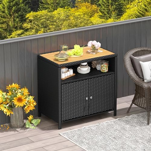 Rattan Storage Cabinet, Outdoor & Indoor Sideboards with Acacia Wood Countertop & Open Compartment, Wicker Patio Buffet Storage Bar Table for Garden Kitchen Poolside Backyard (Black)