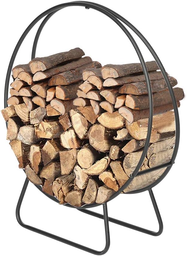 Knocbel 24 Inch Round Firewood Rack Indoor/Outdoor Log Rack Holder, Fireplace Wood Stacker for Patio Deck Firepit (Black)