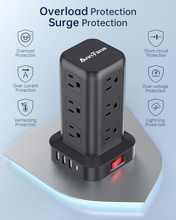 AnnTane Surge Protector Power Strip 10 FT Cord, Power Strip Tower