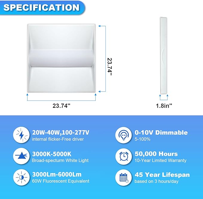 Cortelco 2x2 LED Troffer Light-20W/25W/30W/35W/40W, 4 CCT Selectable (2 Pack)