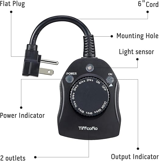 TiFFCOFiO Outdoor Christmas Light Timer, Dusk to Dawn Sensor Countdown (2 Pack)