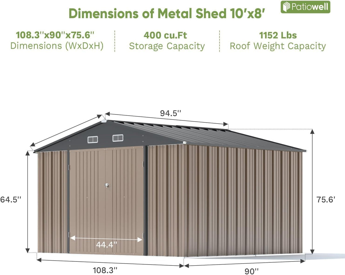 patiowell 10x8 ft outdoor storage shed, metal sheds shown in use