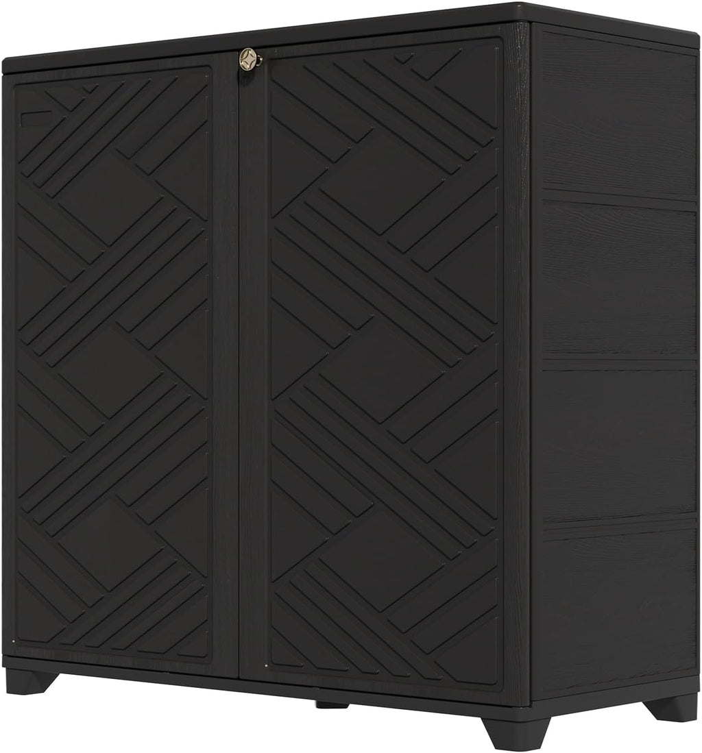 HOMSPARK Indoor/Outdoor Storage Cabinet with Doors and 1 Shelf, 34”x15”x34” HDPE Plastic Storage Box for Bedroom, Bathroom, Living Room, Balcony, Multi-Purpose for Daily Tools, Black