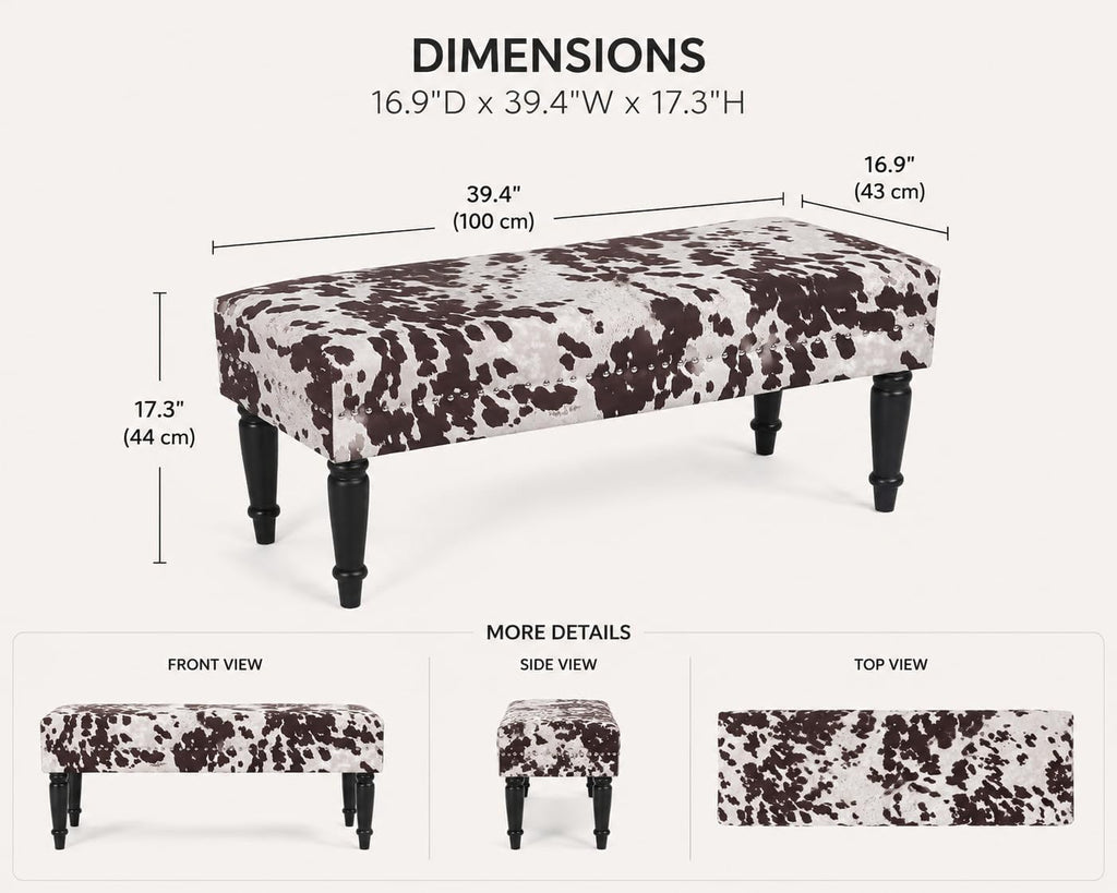 Homebeez 39.4" Cow Print Bench, Upholstered Bedroom Cowhide Bench, Western Bench Footstool with Wood Legs, for Entryway Dining Room Living Room Bedroom End of Bed (Brown Cow)