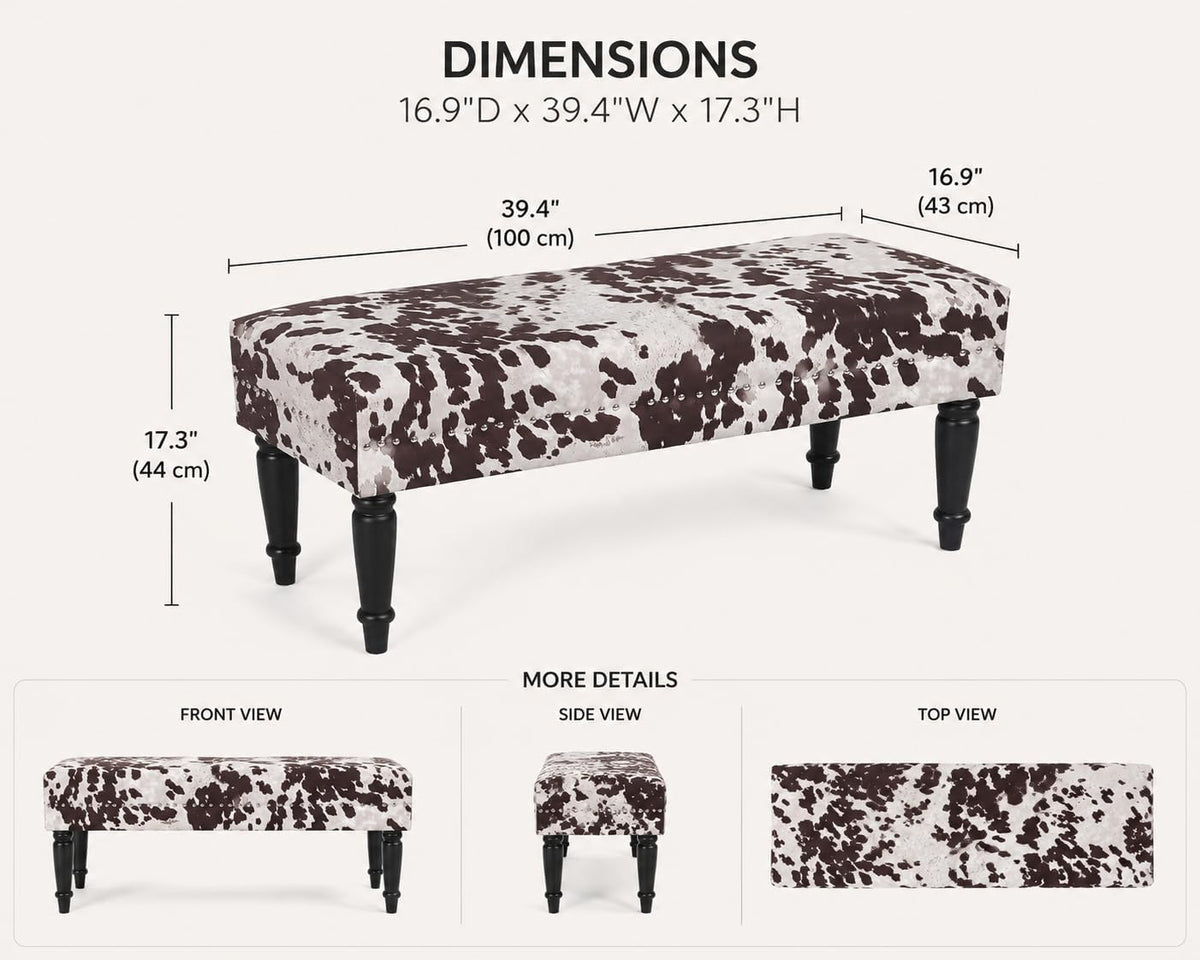 Homebeez 39.4" Cow Print Bench, Upholstered Bedroom Cowhide Bench, Western Bench Footstool with Wood Legs, for Entryway Dining Room Living Room Bedroom End of Bed (Brown Cow)