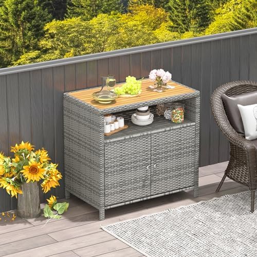 Rattan Storage Cabinet, Outdoor & Indoor Sideboards with Acacia Wood Countertop & Open Compartment, Wicker Patio Buffet Storage Bar Table for Garden Kitchen Poolside Backyard (Grey)