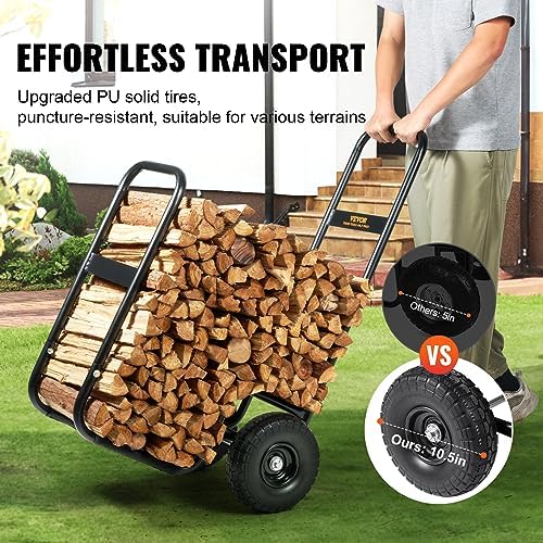 VEVOR Firewood Cart, 250 lbs Capacity, Black Heavy Duty Steel Dolly Hauler with PU Wheels & Waterproof Cover, Outdoor and Indoor Wood Rack Storage Mover, Firewood Carrier for Fireplace, Fire Pit