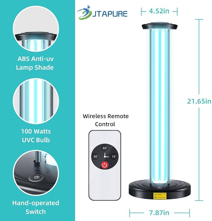 JTAPURE 100W UV Light with Ozone, 3-Gear Timer & Remote Control, Home