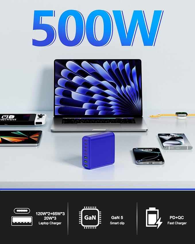 500W USB C Charger Block, 8-Port USB C Charging Station Fast Charging PD 120W