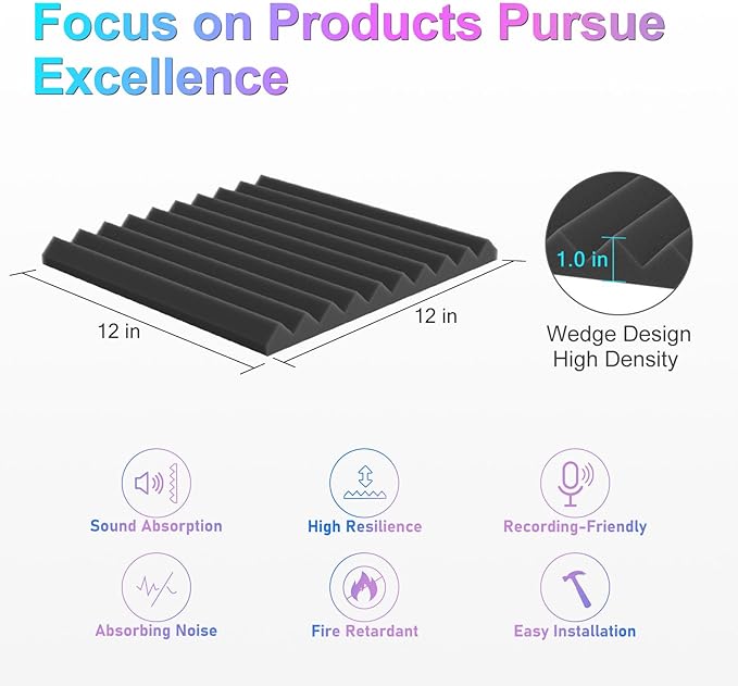 JBER Acoustic Foam Panels, 48 Pack 12x12x1 Inch Upgraded Self-Adhesive