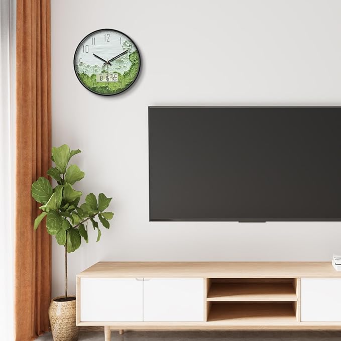 SCOAGE Modern Wall Clock with Temperature Green Forest Large Display