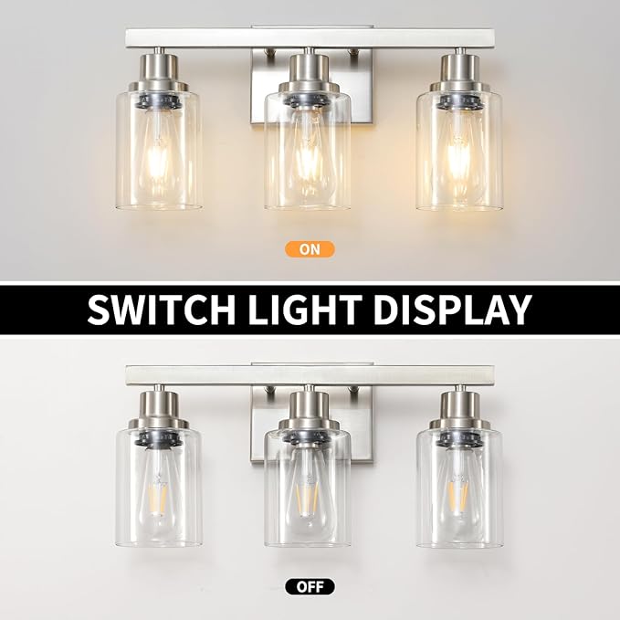 DIKAIDA 3-Light Bathroom Light Fixtures, Nickel Bathroom Vanity Light