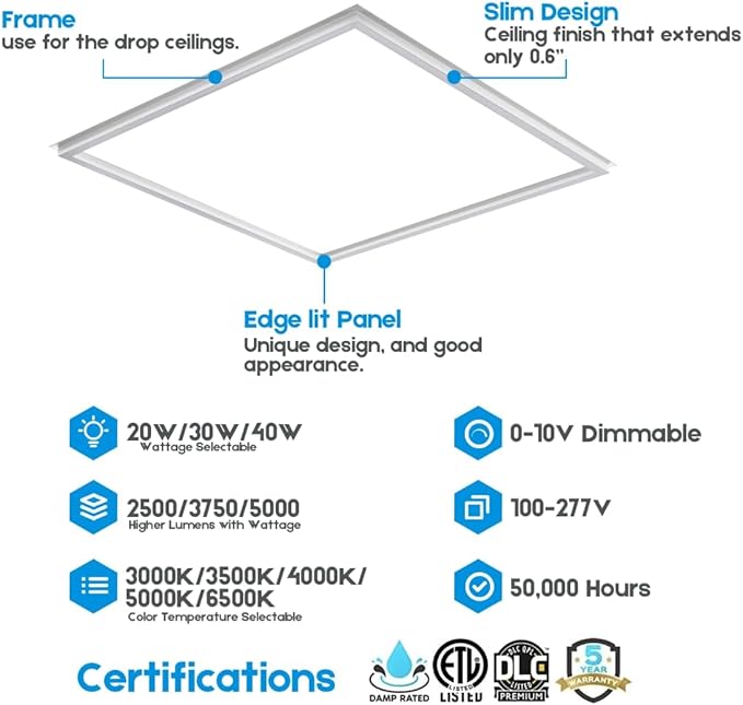 LED Energy Plus 2x2 FT Edge-Lit Frame LED Panel Lights, 5CCT Selectable (6 Pack)
